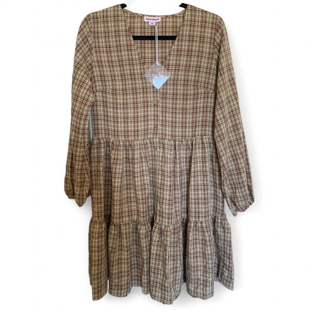 NWT Urban Threads Tiered V-Neck Brown Plaid Mini Dress-Size 10